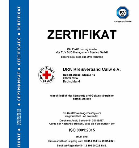 TÜV-Zertifikat des DRK-Kreisverbandes Calw e.V.