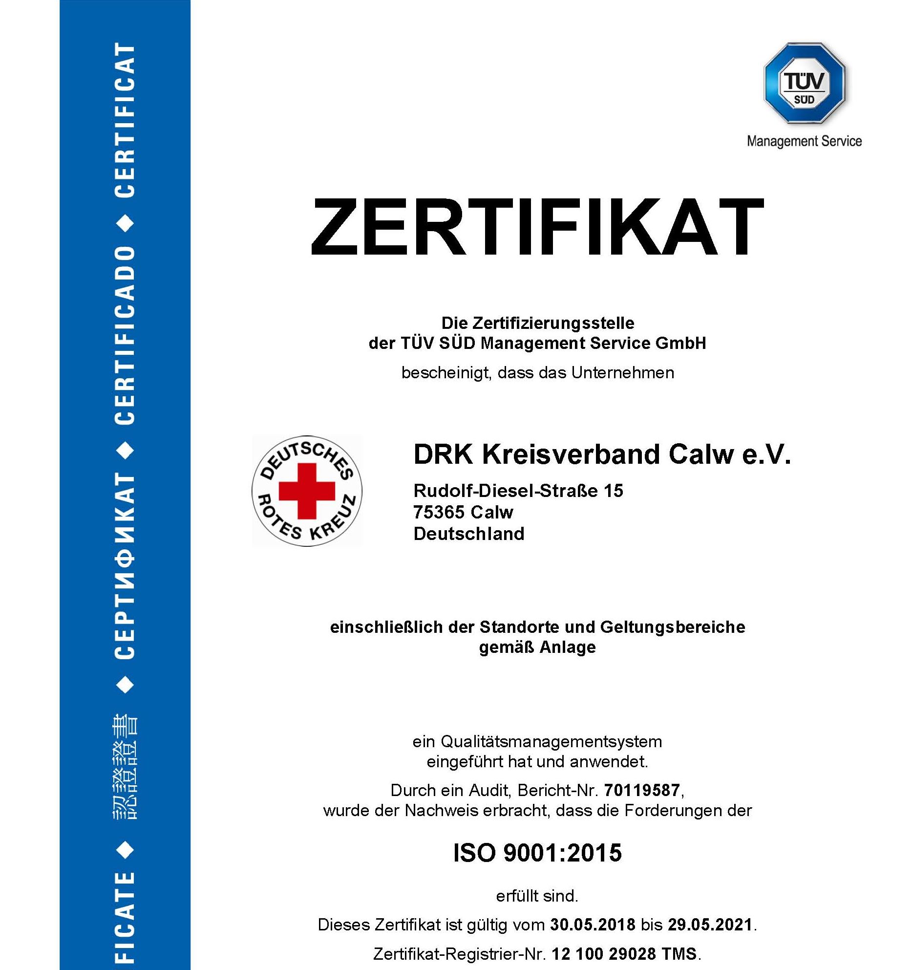 TÜV-Zertifikat des DRK-Kreisverbandes Calw e.V.