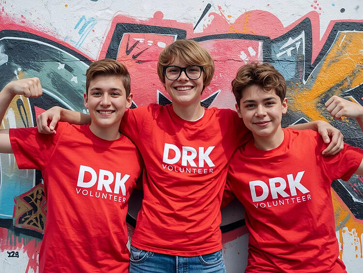 drei fröhliche Jugendliche in roten T-Shirts vor einer bunten Wand